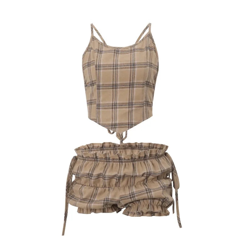Vintage Style Sexy Backless Suspender Top Women's Pleated American Shorts Set