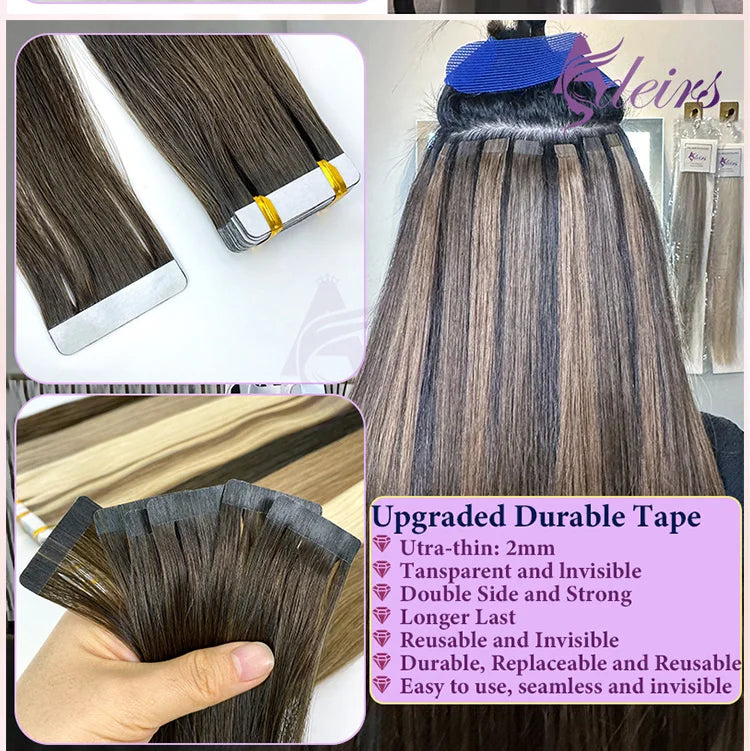 ADEIRS Straight Tape In Human Hair Extensions 100% Real Hair Extensions 16"-24" Black Brown Blonde #613 Invisible Tape In