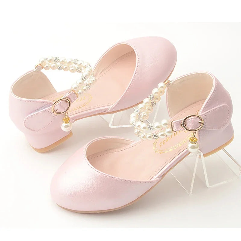 Pink Black White Party Wedding Shoes Children's High Heels Girl Shoe Elegan Pearl Princess Dress Girls Heel Shoes Child 2024 New