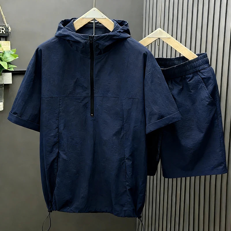 Casual Hooded Suit Mens Summer Workwear Thin Loose Fashion Couple Short Sleeve Waistcoat Shorts 2 Piece Set Male Cargo Tracksuit