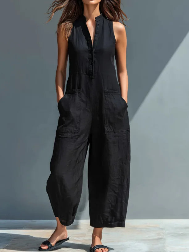 Summer Casual Sleeveless Stand Up Collar Pocket Jumpsuits Women Macacão Feminino Combinaison Femme Monos De Mujer Casuales