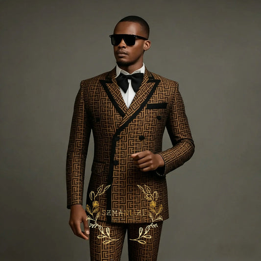 Men Suits 2 Piece Peaked Lapel Double Breasted Fashion Prom Suits Slim Fit Blazer Sets Brown Plaid Mens Wedding Wear Coat+Pant