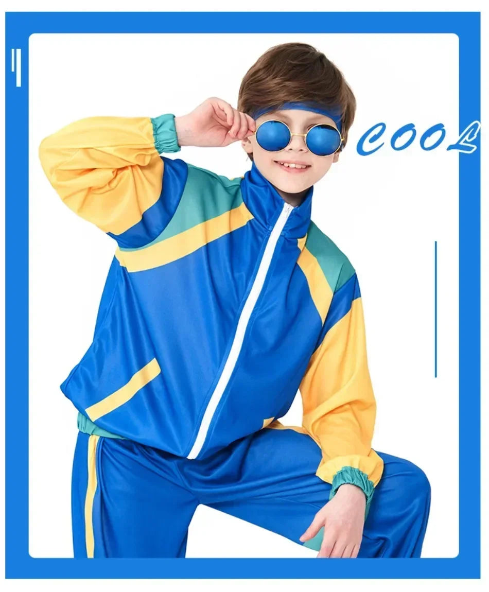 Kids Boys and Girls 80s 90s Sportswear Suit Retro Disco Hip Hop Costume Fashion Patchwork Long Sleeve Zipper Coat Trousers Suit