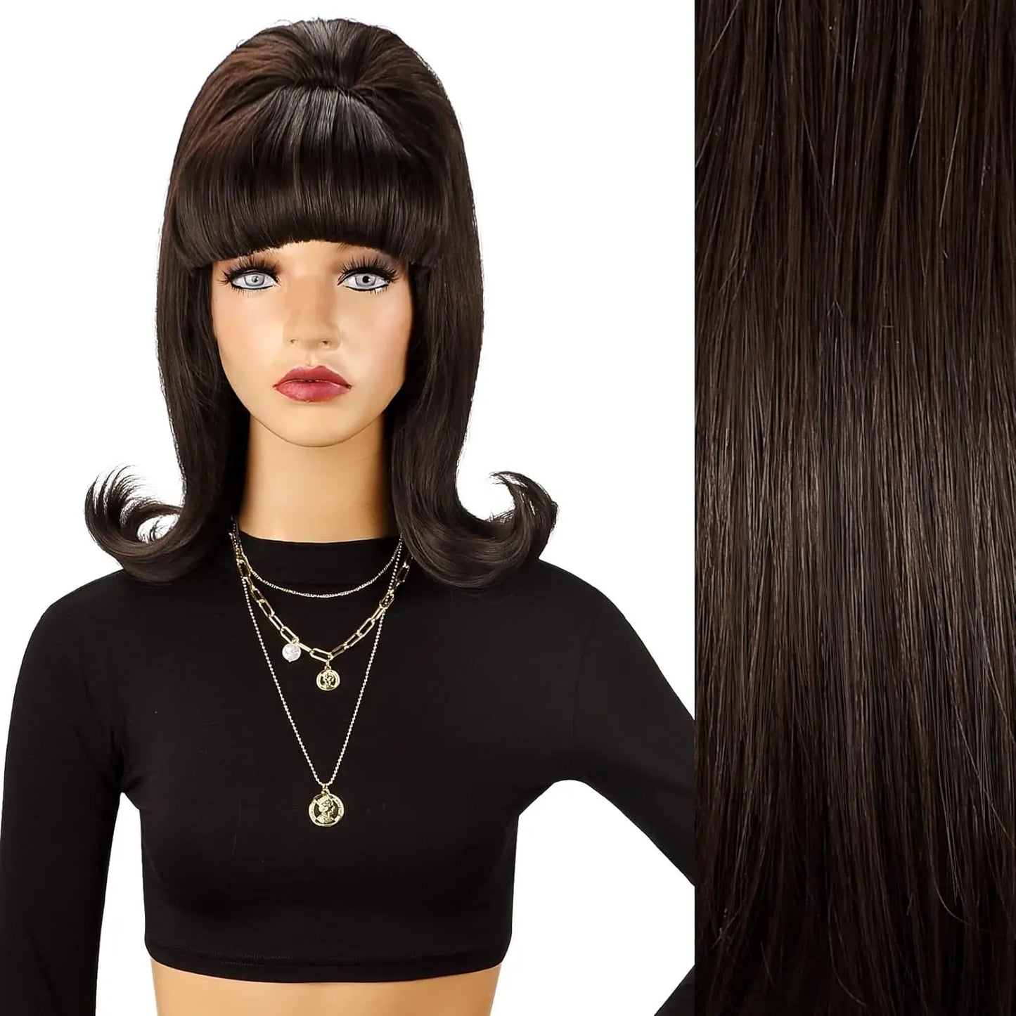 Retro Brown Wig 50S 60S 70S Ladies with Bangs Wig Halloween Costume Party Synthetic Hair