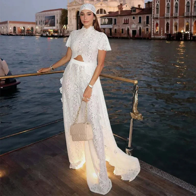 See Through Lace Vest Pant Set Women Beach Sling  Tops Pleated Straight Pants 2026 Summer Vacation Hollow Out Lady Suits