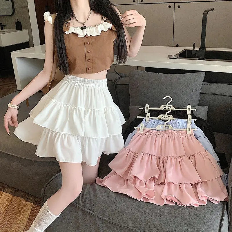 Ruffled Cake Skirts for Women High-waisted A-line Solid All-match Sweet Lovely Girls Korean Style Gentle Spring Kawaii Casual