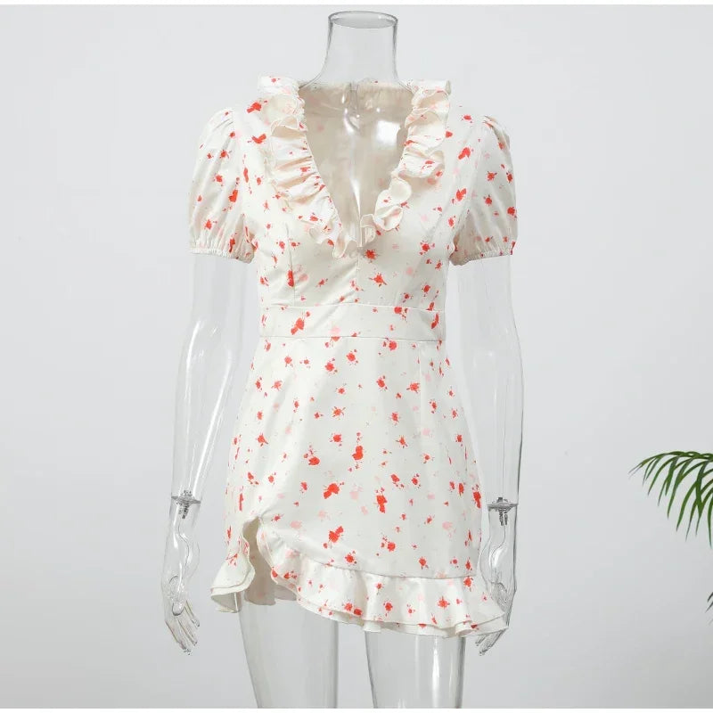 Women Elegant Printed Short Dress Chic V-neck Short Sleeve A-line Bodycon Mini Dresses 2026 Lady New Summer Vacation Street Robe