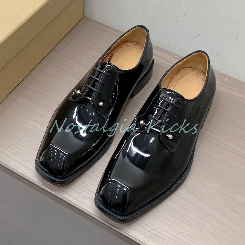 Black Shine Studded Detail Dress Shoes Patent Leather Red Lining Lace Up Men's Formal Shoes Casual Office Wear Oxford Shoes