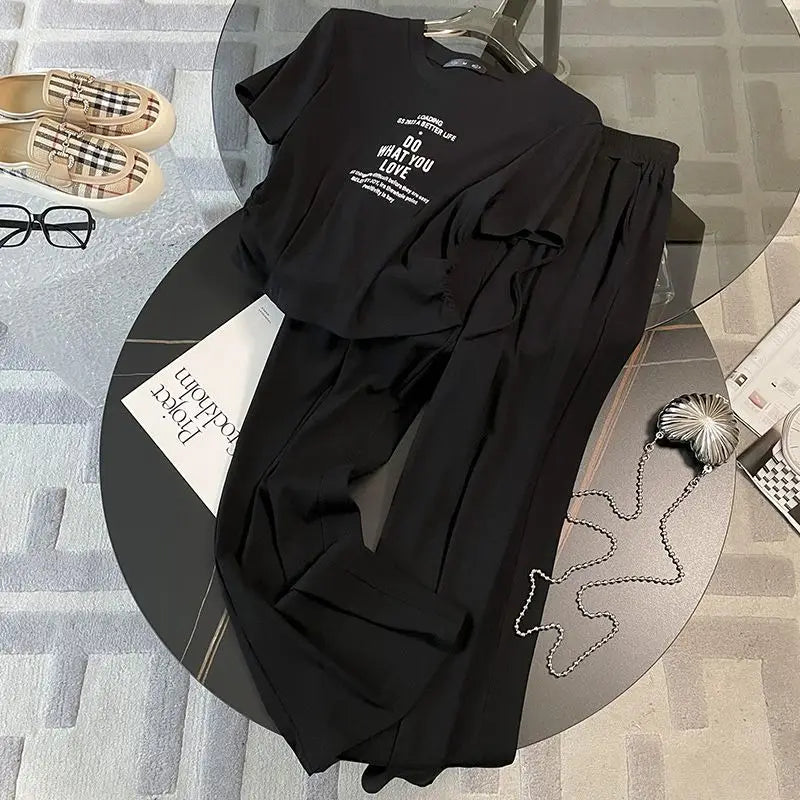 Summer casual sports style spicy girl sexy short sleeved top+fashionable wide leg pants two-piece set