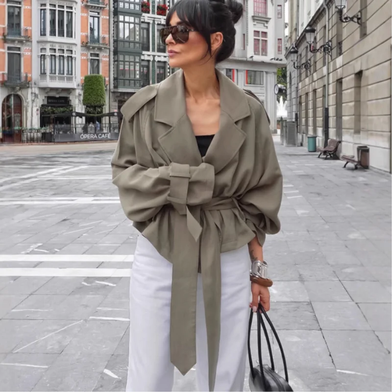 Lace Up Jacket For Women Casual Long Sleeve Turn Down Collar Autumn Outerwear
