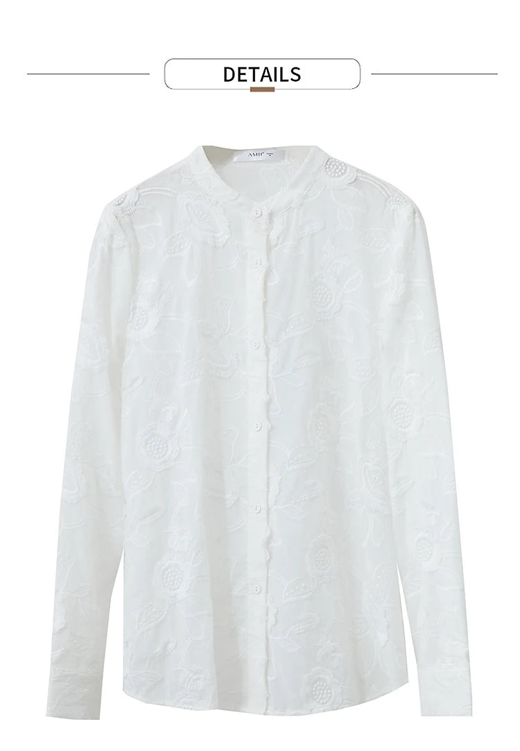 AMII 2025 Autumn New Elegant Embroidery Women's Shirt Stand Collar Wide Shoulder Office Lady Loose Blouses Women Tops 12543066