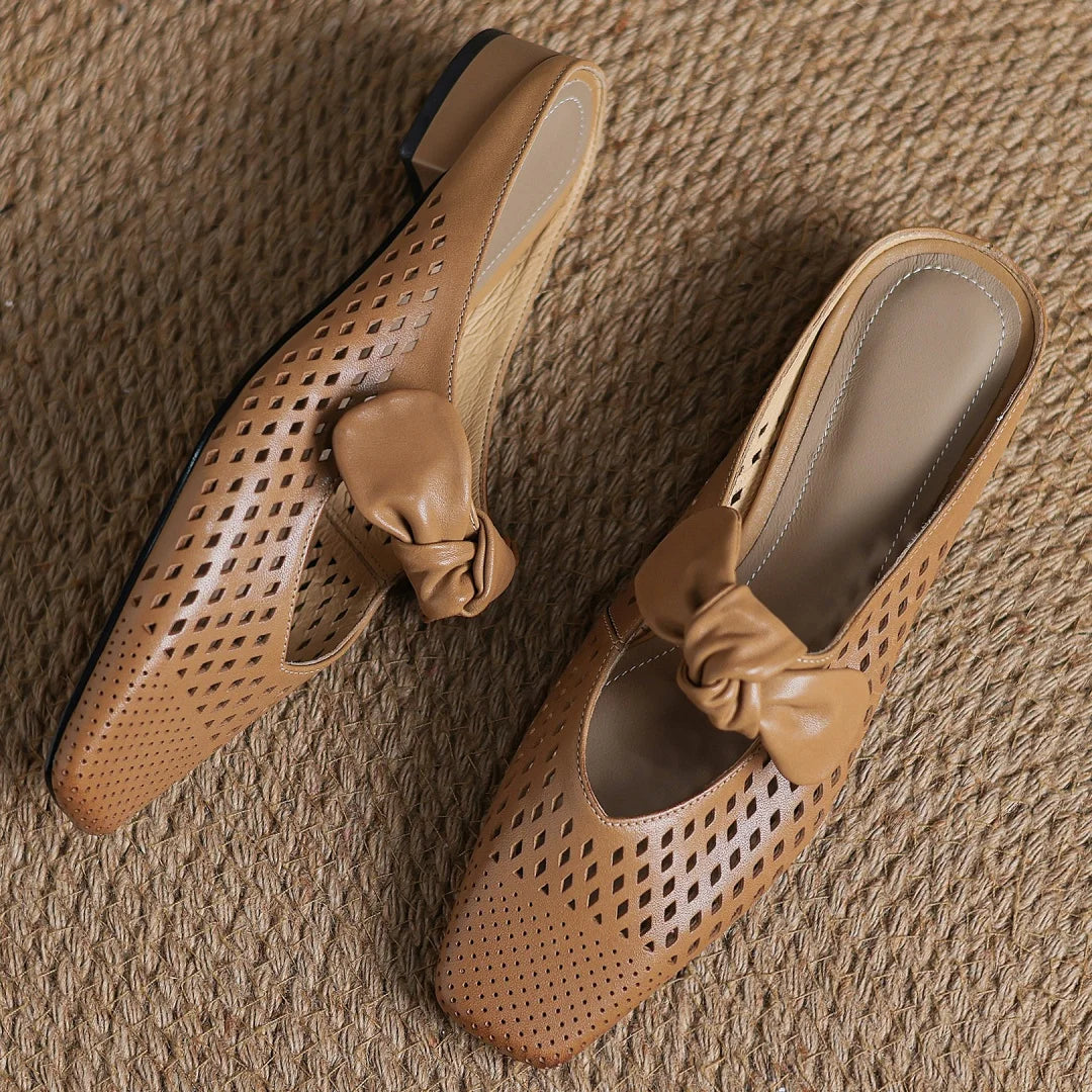 2025 Summer new plus size 34-41 women's hollow-out cow leather slip-on flats summer slides sandals sweet bowtie elegant mules