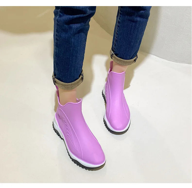 Women Rainboots Slip-on Waterproof Girls Ankle Boots PVC Anti-Slip Spring Autumn Rain Shoes Platform Woman Fishing Rubber Shoes