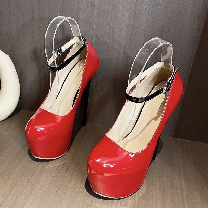 Eilyken 2026 New Sexy Extreme Thin High Heels Women Pumps Elegant Round Toe Buckle Strap Banquet Pole Dancing Sandals Shoes