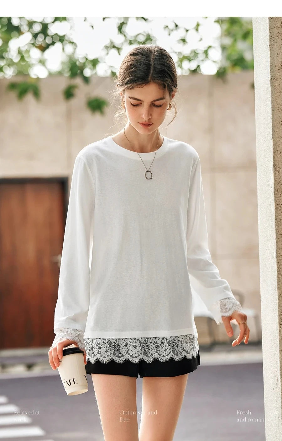 OLrain Cotton White T-shirt Women 2026 Autumn Casual Loose Tee Shirt Crewneck Lace Long Sleeve Tops Woman Clothing N57CT95669