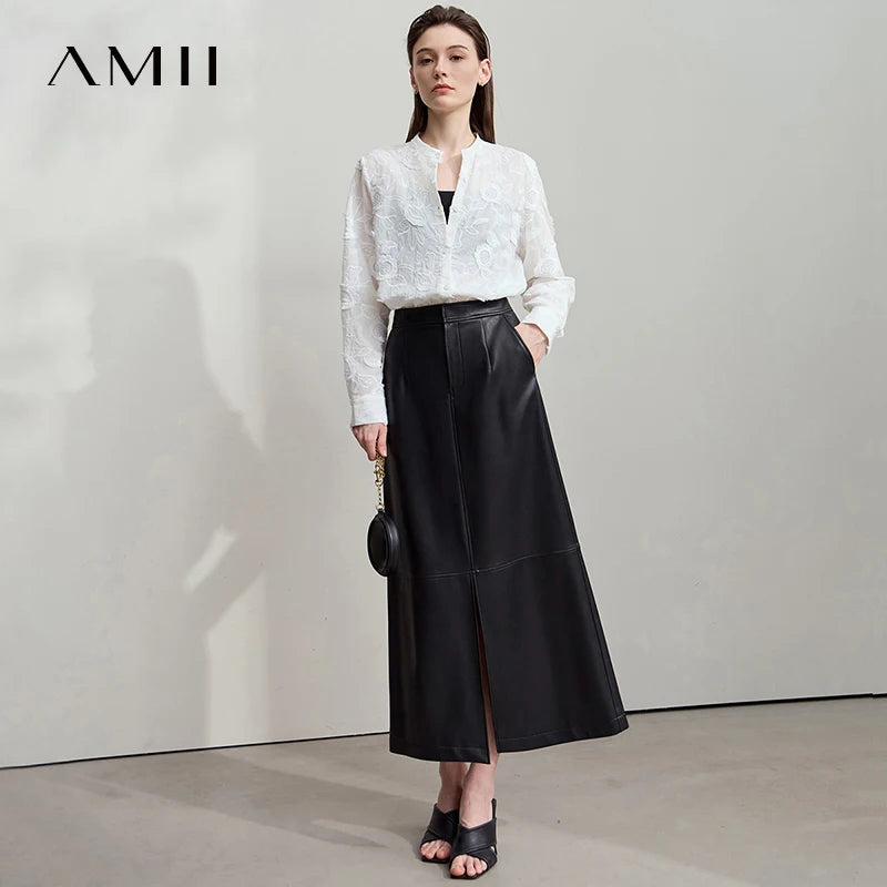 AMII 2025 Autumn New Elegant Embroidery Women's Shirt Stand Collar Wide Shoulder Office Lady Loose Blouses Women Tops 12543066