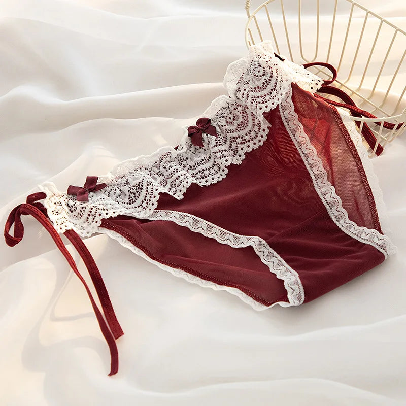 L-XL Women's Underwear Panty Sexy Lace Panties Bowknot Wine Red Brief Med Waist Seamless Underpants Female Lingerie Panties