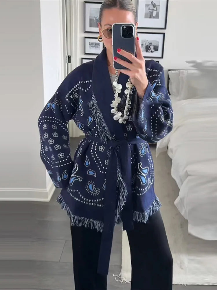 Elegant Print Tassel Cardigan Women Belt V-neck Long Sleeve Loose Knitted Sweaters Female 2025 Autumn Winter Chic Knitwears Lady