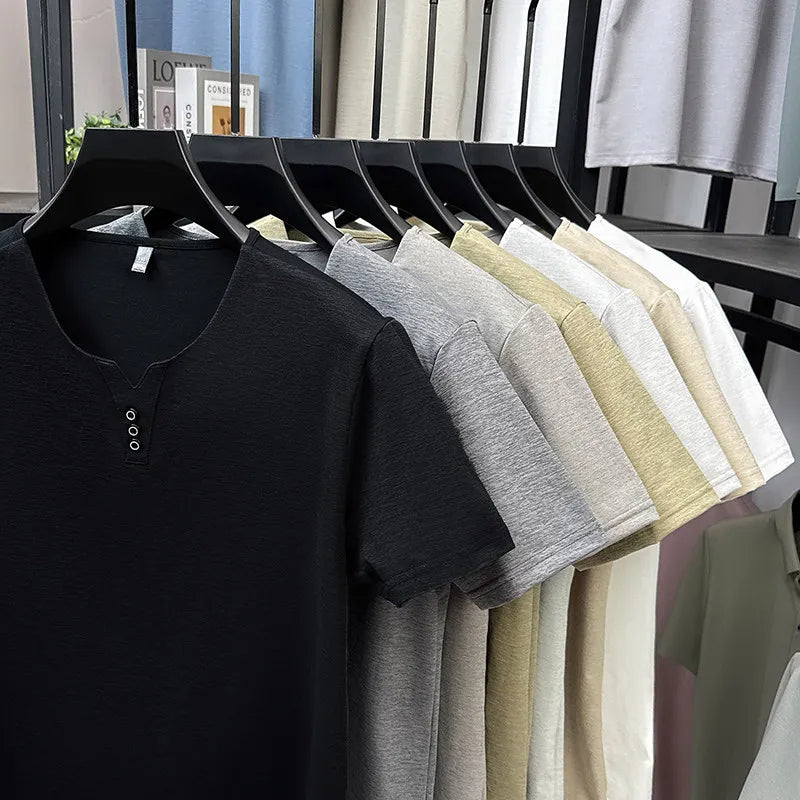 2025 New Men's Business Casual Three Button V-neck Short Sleeved T-shirt Korean Style Summer Comfortable Versatile Top