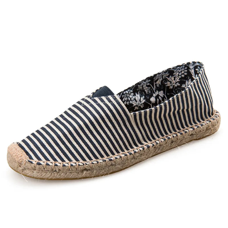 Mens Espadrilles Men Patchwork Slip on Summer Shoes Men Loafers Breathable Canvas Shoes Fashion Jute Wrapped Black Stripe