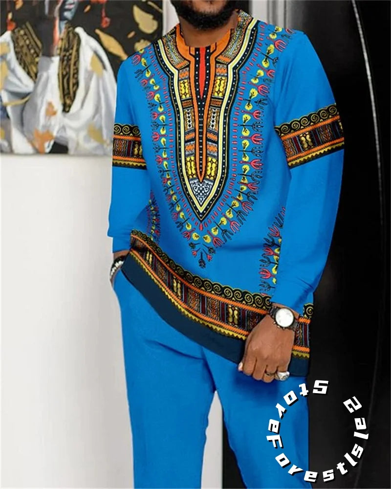 African Clothing Set for Men Tracskuit Set Casual Walking Suit Ovrersize Streetwear Long Sleeve T-Shirt Trousers Outfit 2-piece
