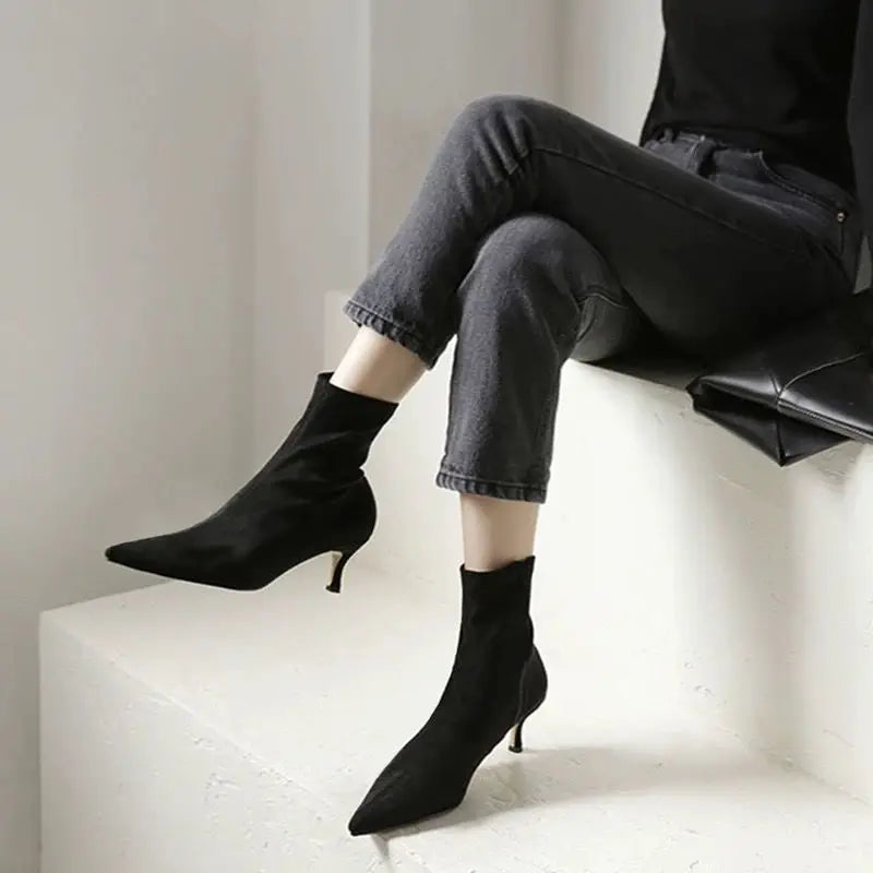 Comemore 2021 Autumn Winter High Heel Women's Shoes Pointed Toe Stiletto Ankle Boots Stockings Black Girls' Socks Boots Dress 34