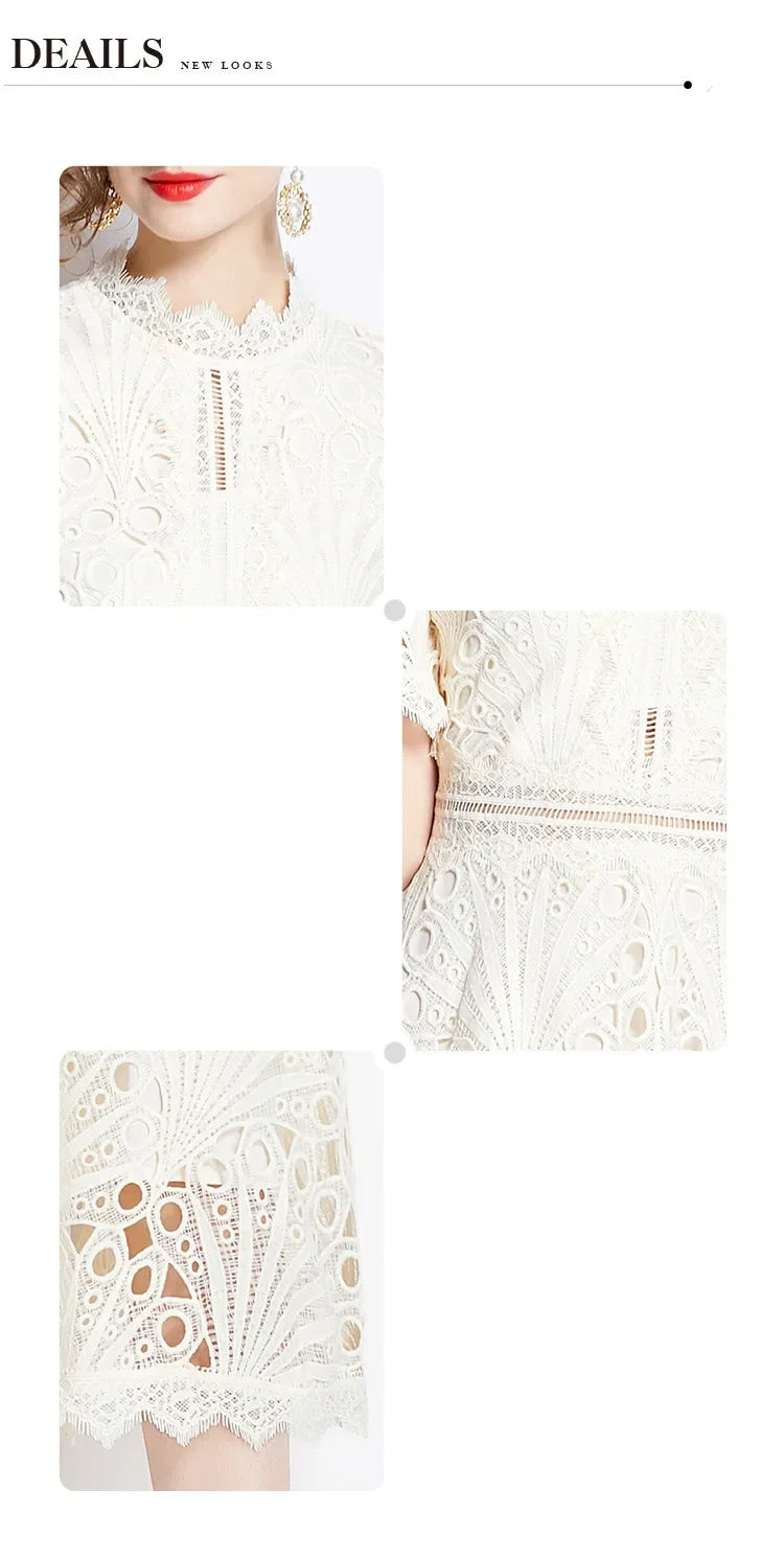 SMTHMA Vintage High-End O-Neck Short Sleeve Lace Hollow Out Dress For Women's Summer Slim Elegant Long Dress Female Clothing