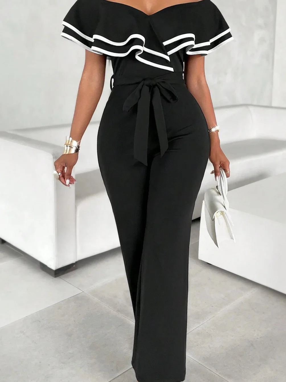 Sexy  Color Wide Leg Jumpsuit Women's High Waist Long Pants Spring Thin Polyester Comfortable Commute Style One-Piece Suit