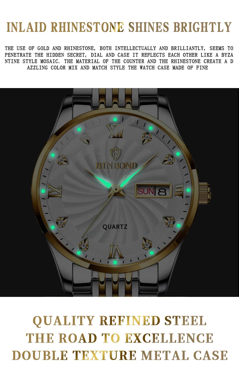 BINBOND Quartz Watches for Men Luxury Luminous Waterproof Precise Auto Date Week Display Men's Watch Casual Sturdy Reloj