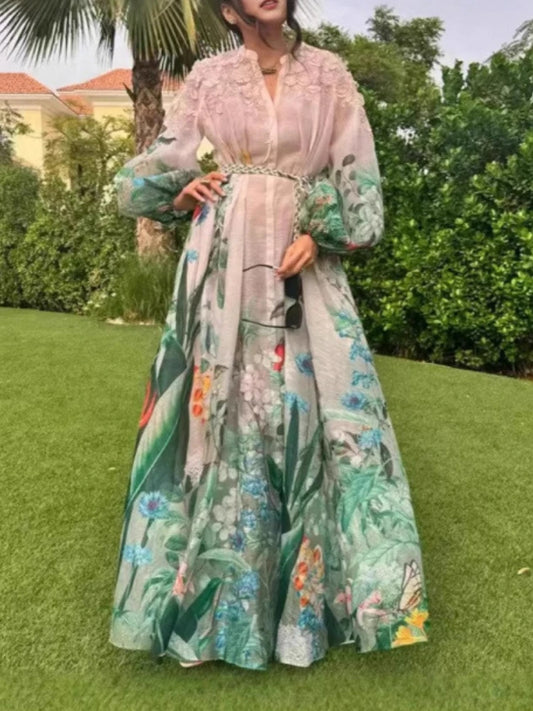 Elegant Maxi Dress for Women V Neck Lantern Sleeve High Waist Spliced Lace Up Colorblock Printed Single-breasted Dresses Female
