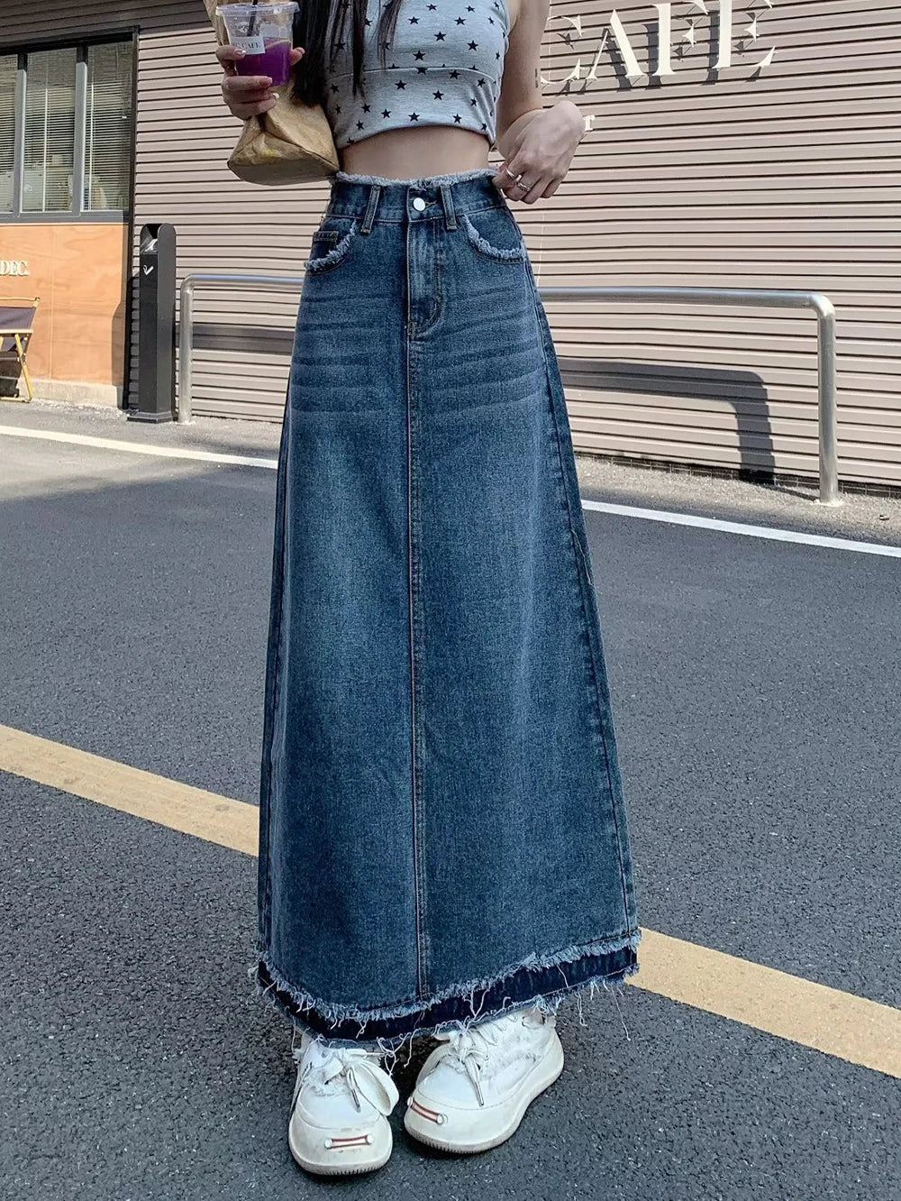 Summer Street Style Rough Edge Skirt Korean Version Women Retro Casual High-waisted A-line Skirt Temperament Loose Denim Skirts