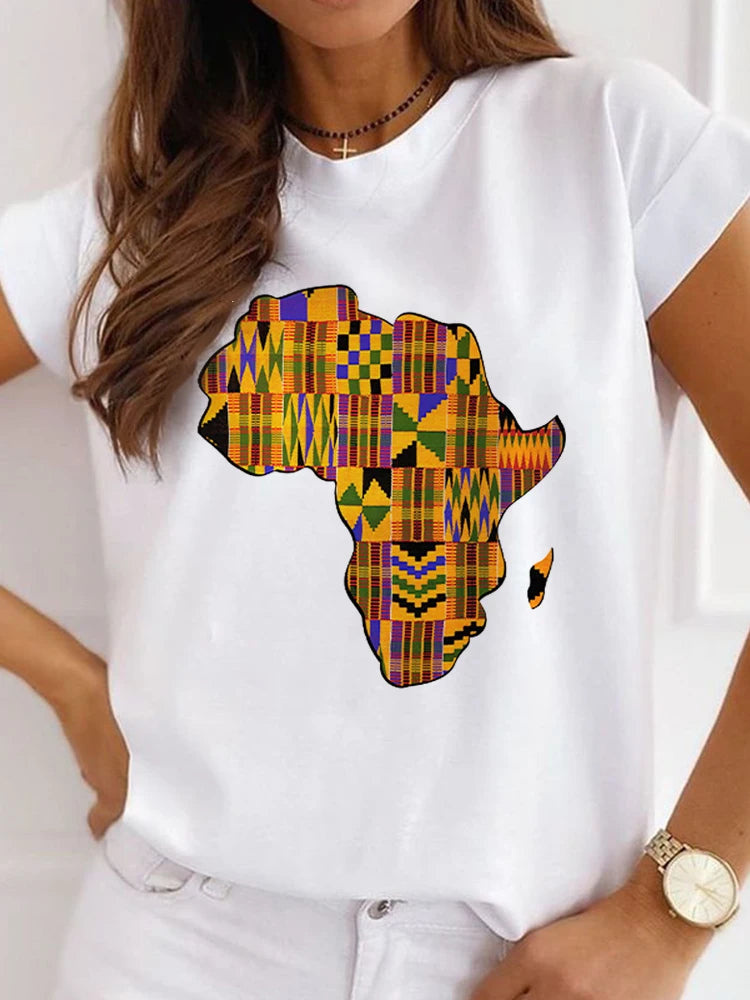 New African Funny Ladies Clothes Casual Short Sleeve Tshirt T Shirt O-neck Loose Summer White Tee Top Print Camisetas De Mujer