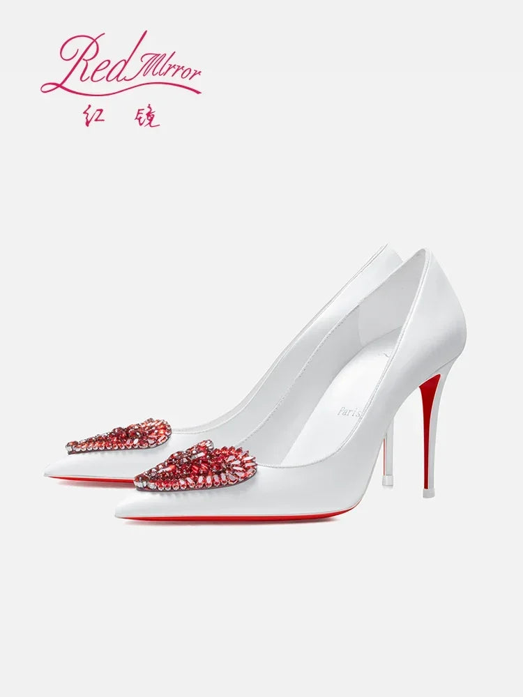 Red Bottom Love Water Diamond Shallow Mouth Pointed White High Heels, Women's Style Mingyuan Slim Heels