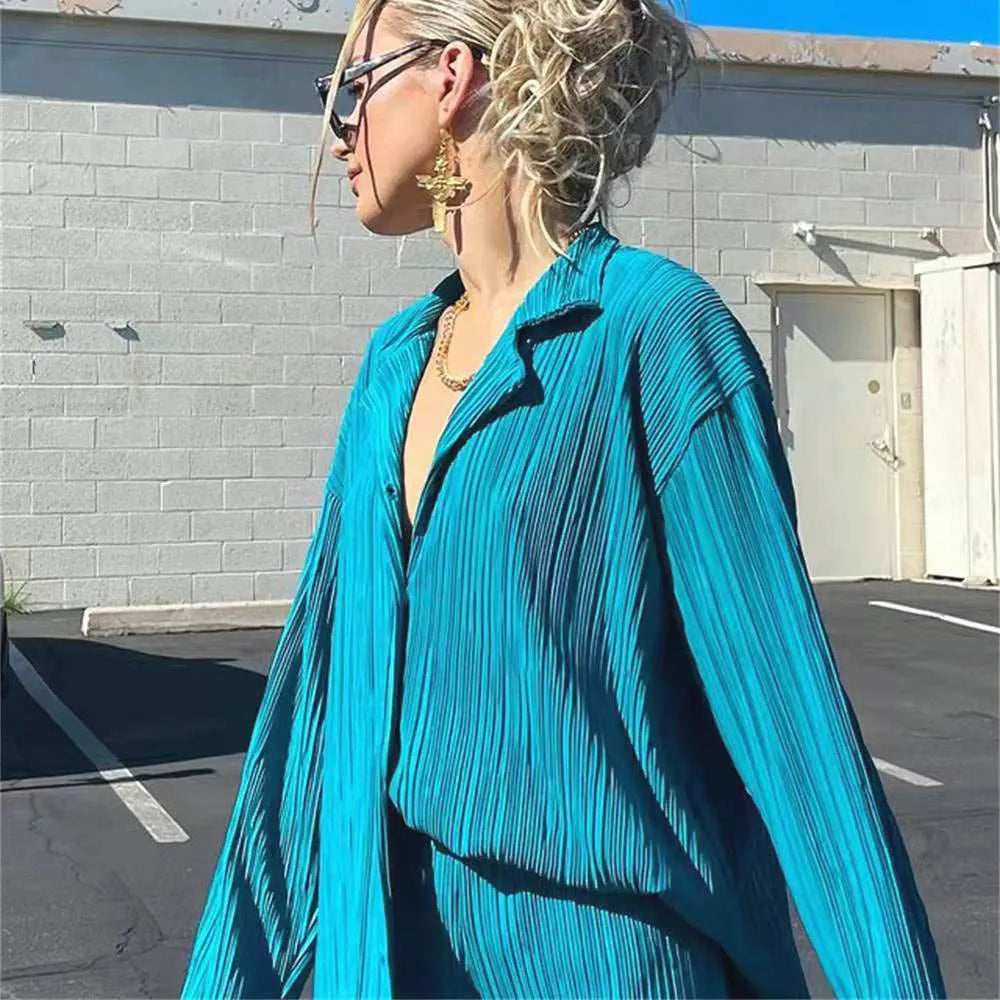 New Two Piece Set Women Outfits Pleated Women's Elegant  Drape Loose Sets Shirt High Waist Trousers Female Suit Fashion Casual