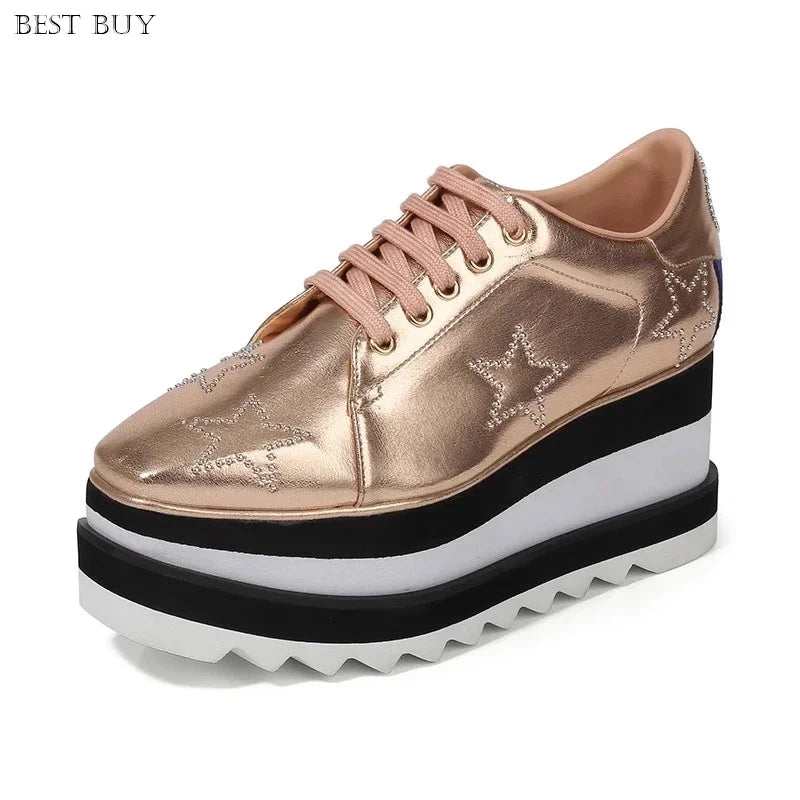 New beige Women Platform Casual Shoes 2024 Spring Black Casual Chunky Sneakers Women Real Leather White Height Increasing Shoes