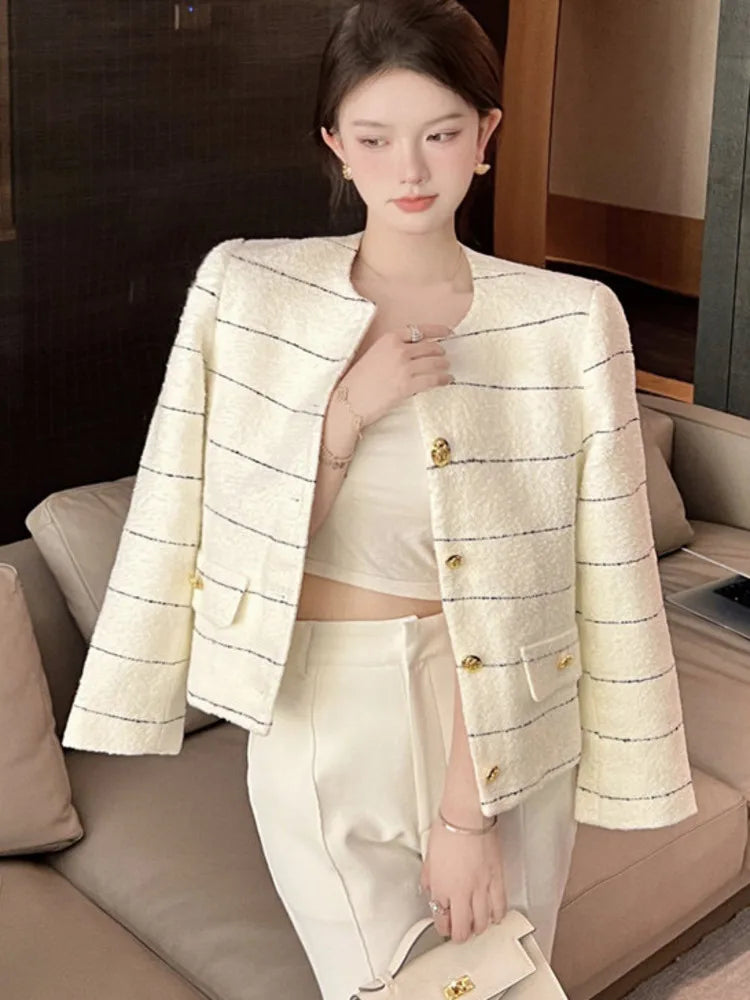 Korean Fashion Casual Small Fragrance Tweed Jacket Coat Women Fall Winter Fried Street Striped Coat Casaco Woolen Outwear Top