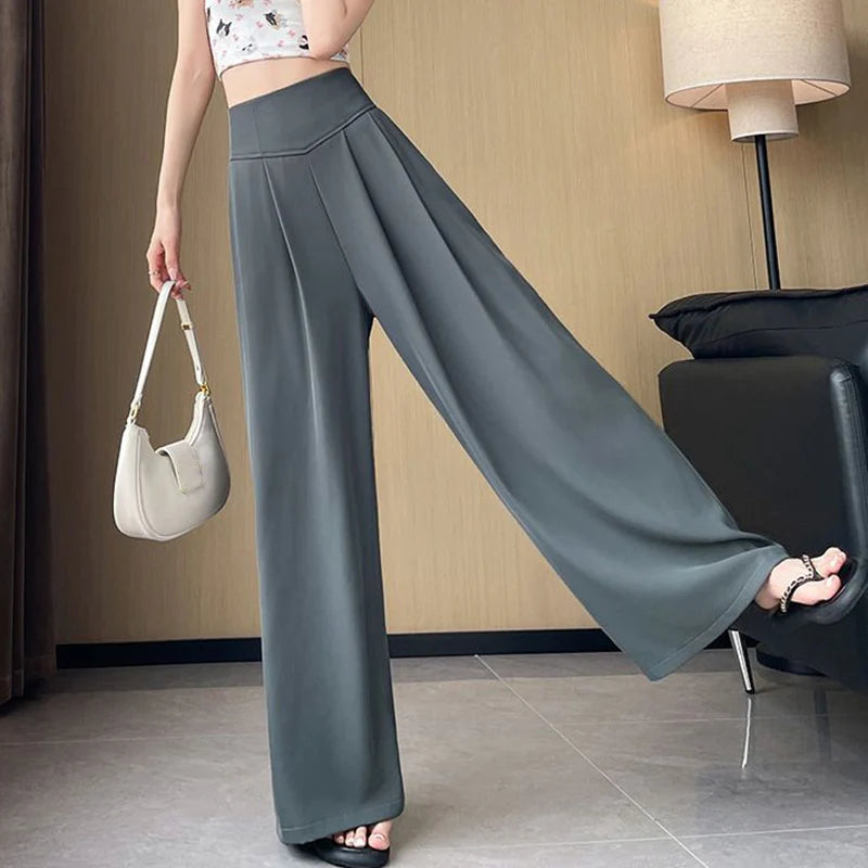 Lady Korean Solid High Waist Pants Girls Fashion Wide Leg Suit Trousers Women Slim Fit Comfortable Daily Slacks BAZAARHUBO