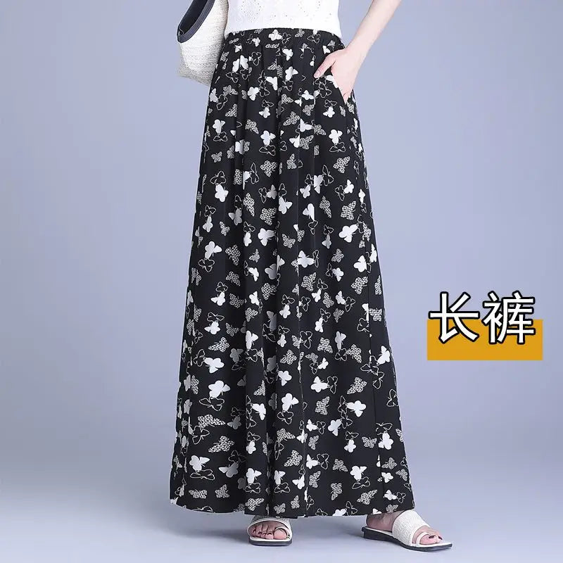 Trousers Chiffon Floral Skirts and Pants for Women in Summer New Thin High-waisted Ethnic Style Casual Wide-leg Pants