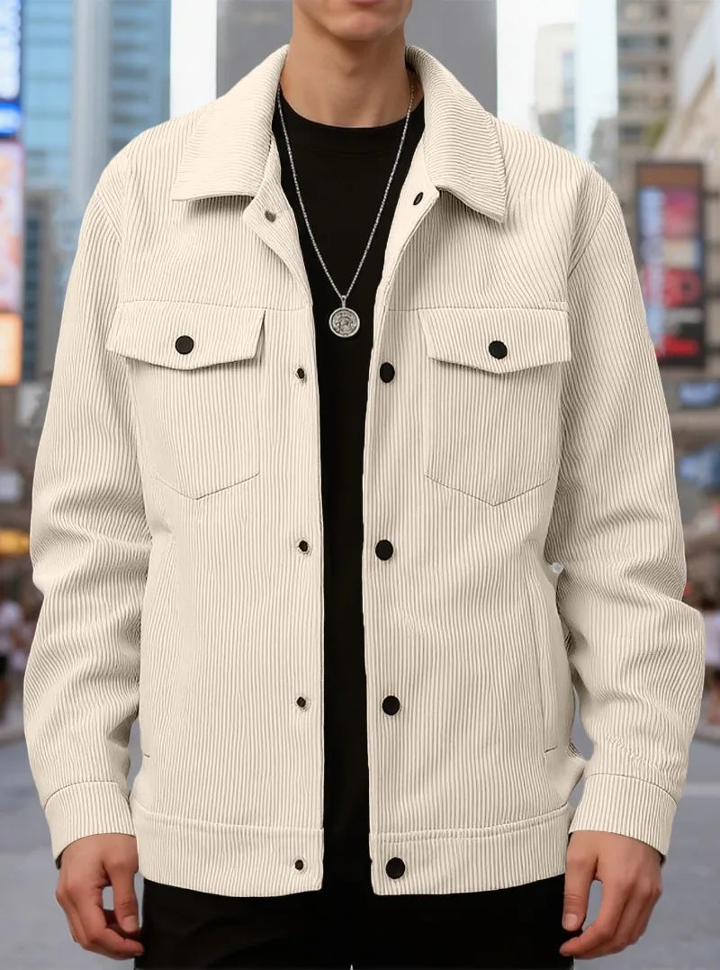 Men's Corduroy Trucker Jacket Casual Button Down Long Sleeve Lapel Collar Pocketed Coat for Daily Wear Streetwear Outfits