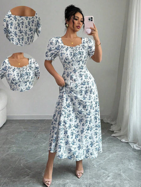 Women's Summer Maxi Dress Elegant Casual Puff Sleeve Square Neck White Blue Floral Print Long Skirt for Spring Autumn