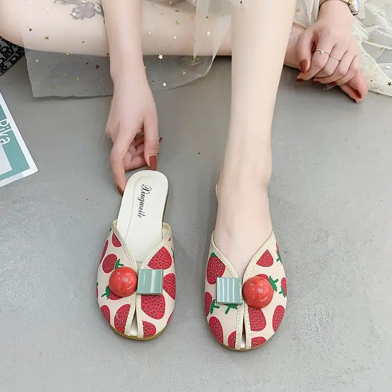 Slides Kawaii Shoes Round Toe Cute Women's Slippers and Ladies Sandals Mules Summer 2025 Flat Outside Comfortable Elegan Y 39 W