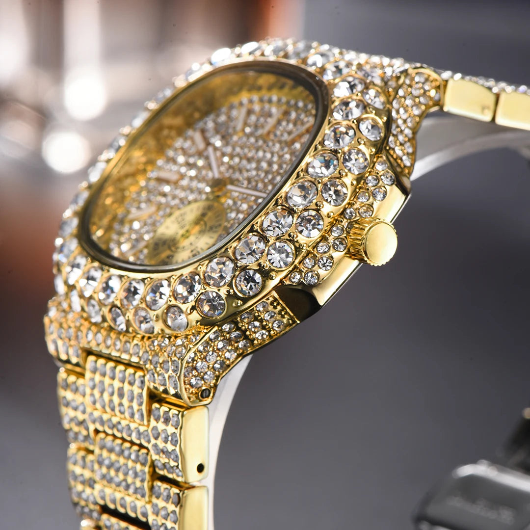 MISSFOX Iced Out Watch For Men Luxury Fashion Gold Quartz Watches Hip Hop High Quality Waterproof  Male Daimond Clock New Gift