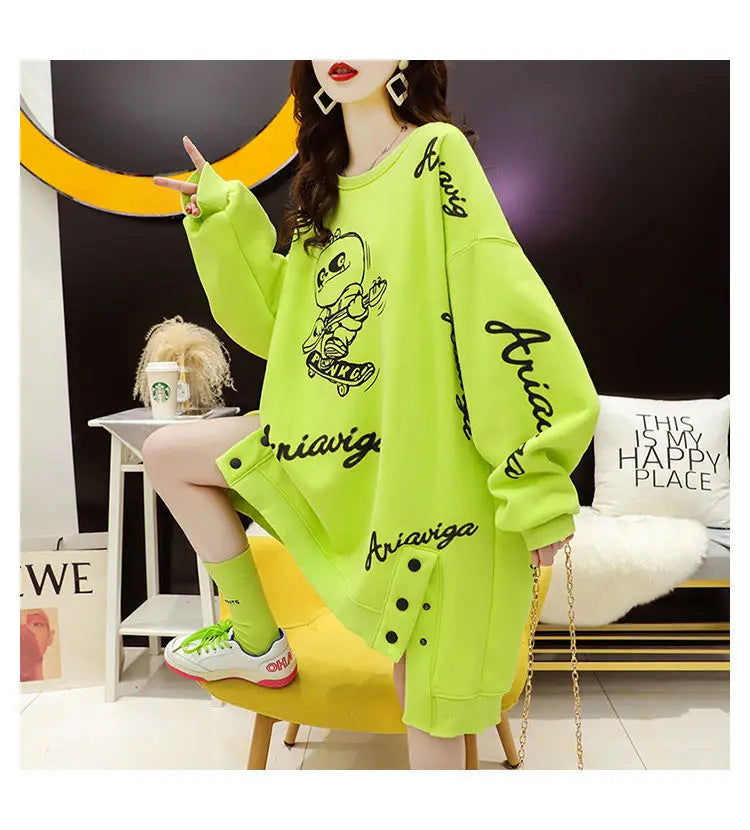 Spring Autumn Y2K Harajuku Printed Sweatshirts Women Round Neck Long Sleeve Mid-length Pullovers Korean Button Asymmetrical Tops