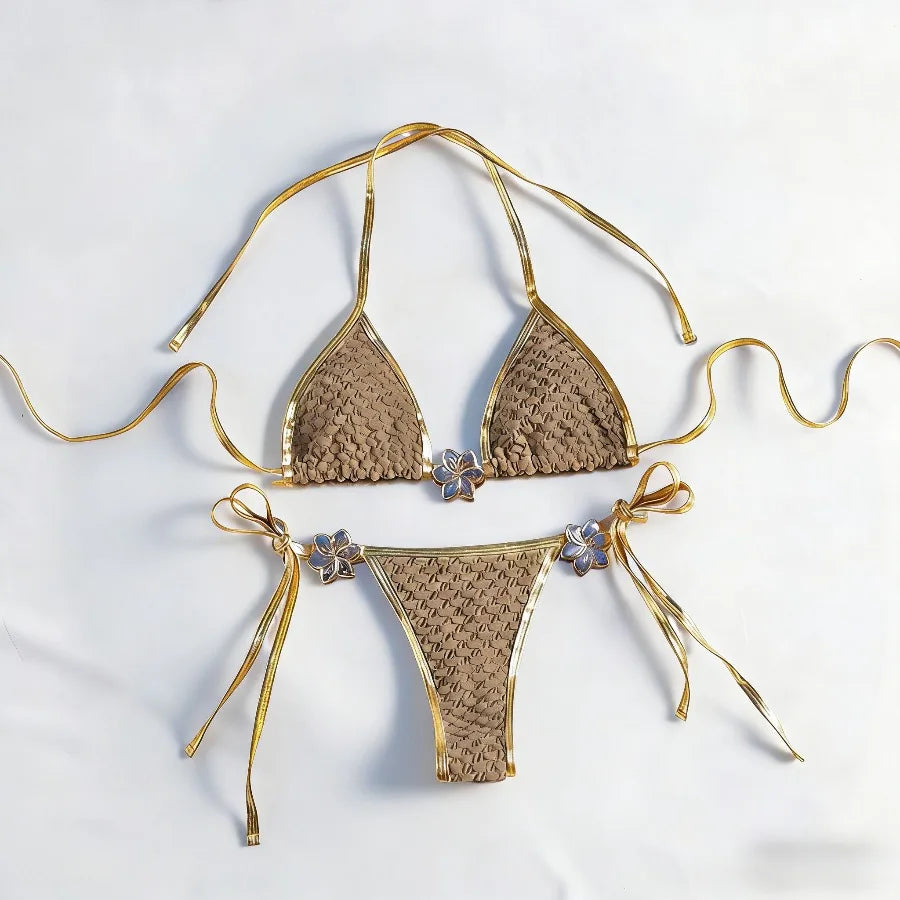 New Sexy Women Bordered Bikini Set Western Style Tie Side Swimsuit Metal Rings Adjustable Bandeau Two Piece Bathing Suit