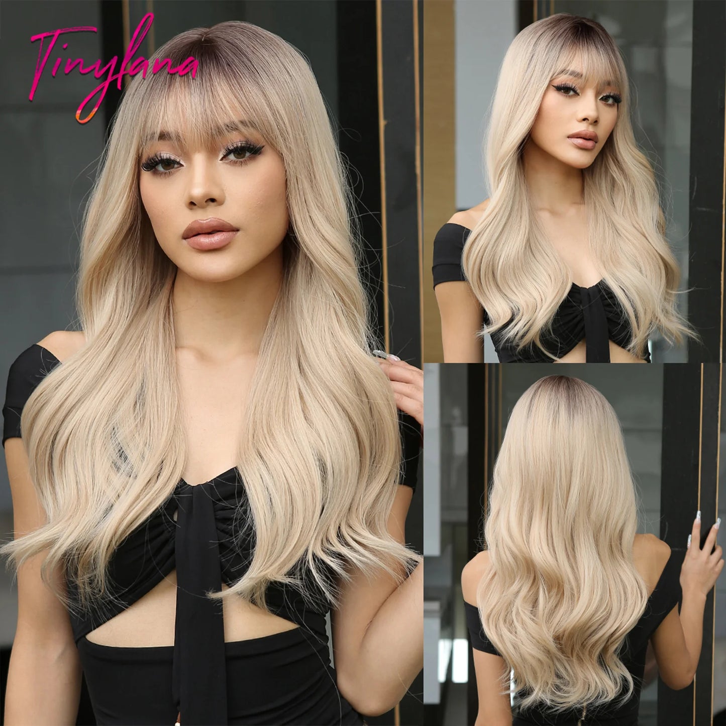 Long Wavy Silver Ash Ombre Cosplay Synthetic Wigs Natural Curly Gray Black Hair Wig with Bangs for Women Afro Heat Resistant