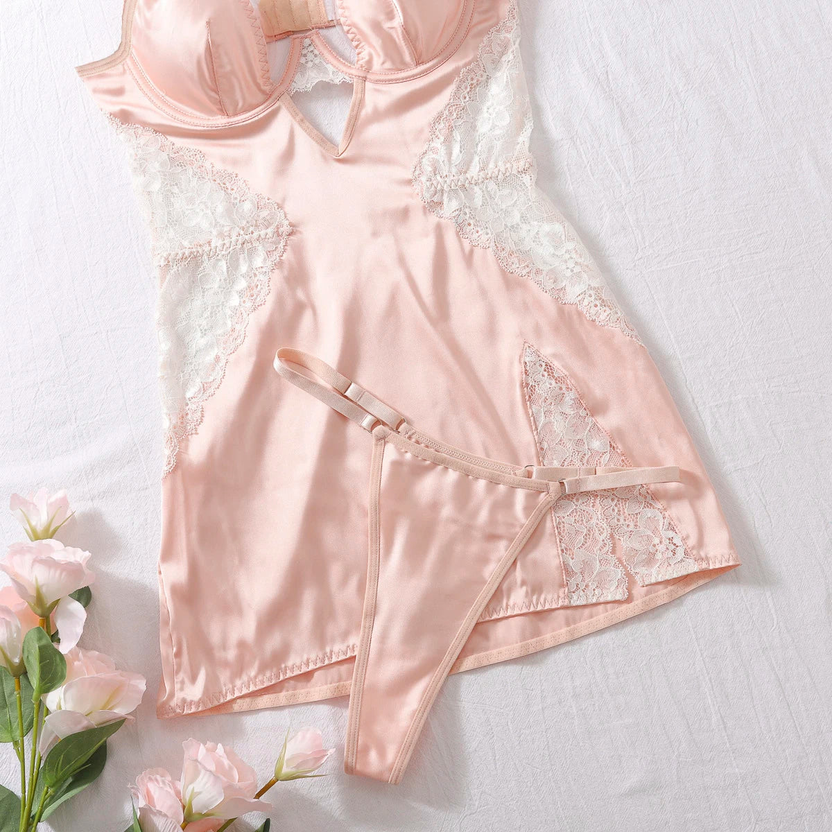 Sexy Satin Night Dress Deep V Neck Lace Trim Slip Dress Women's Silk Lingerie Elegant Sissy Nightgown Slips With Thongs Sheer