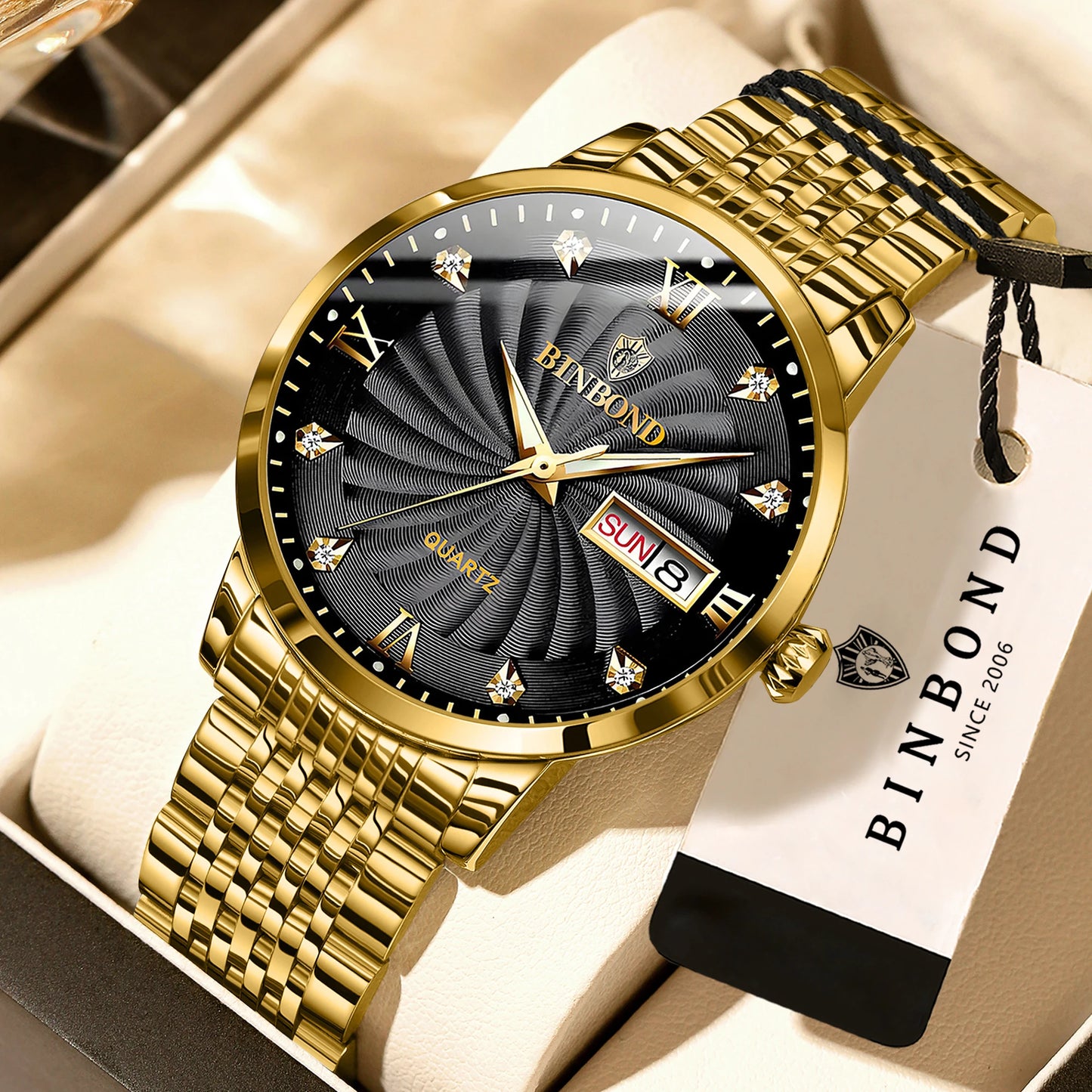 BINBOND Quartz Watches for Men Luxury Luminous Waterproof Precise Auto Date Week Display Men's Watch Casual Sturdy Reloj