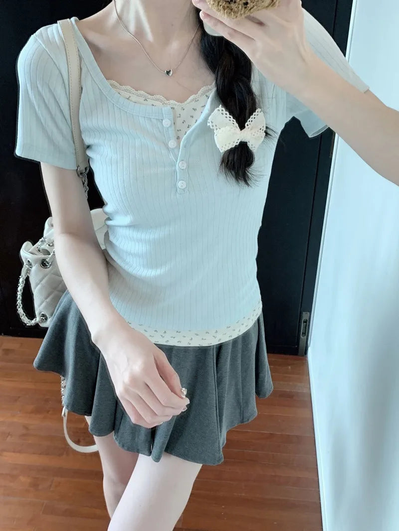 Floral Patchwork Long Sleeve T-shirt False Two-piece Lace Women Top 2025 Spring Slimming T-shirt Fashion Korean Style Clothing