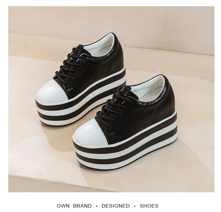 Fujin 12cm Genuine Leather Synthetic Women Autumn Spring Platform Wedge Women Fashion Sneakers Chunky Shoes Vulcanize Skateboard