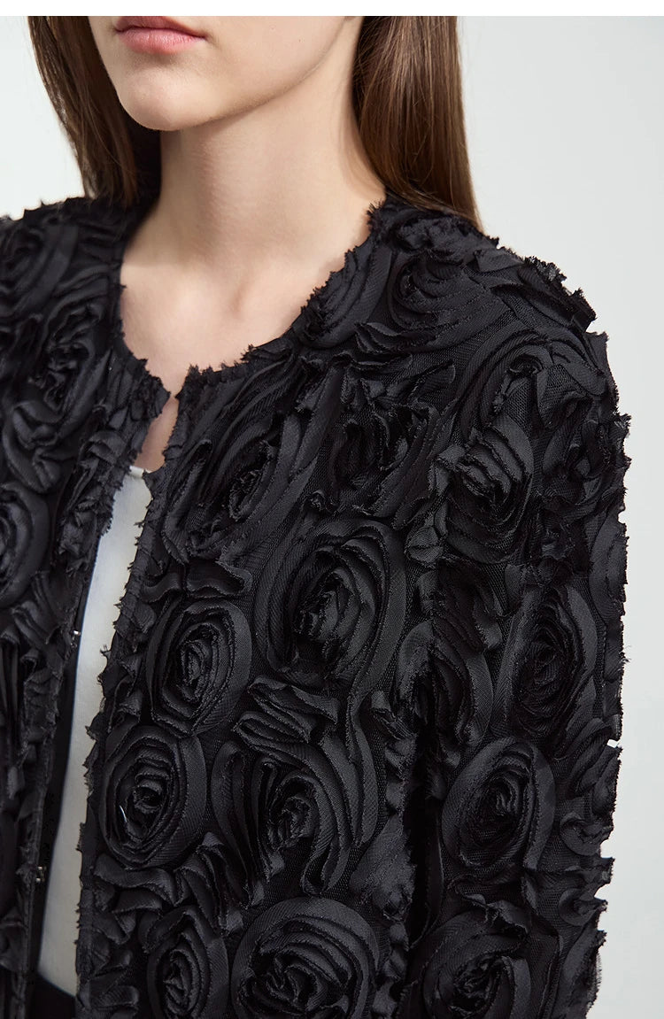 AMII Minimalism Short Jacket Women 2025 Autumn New Elegant Romantic Stereoscopic Flower O-Neck Hook Button Outwear Coat 12521066